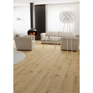 Jasny salon z panelami winylowymi t.b.t. imitującymi drewno. Panele ułożone.