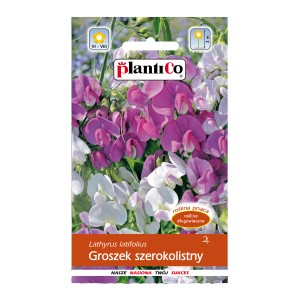 Opakowanie nasion groszku szerokolistnego z różowymi i białymi kwiatami.