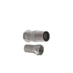 Dwa srebrne zakończenia kabli koncentrycznych (t.b.t.) do połączeń kablowych.