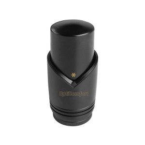 Czarny termostat grzejnikowy t.b.t. do instalacji grzewczych.