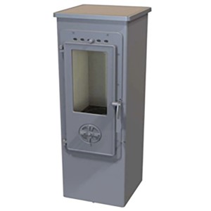 Szary piec kominkowy z szybą dla przytulnego ciepła w domu.