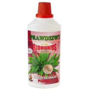 Biohumus Extra nawóz płynny do roślin doniczkowych i balkonowych, butelka z czerwoną nakrętką.