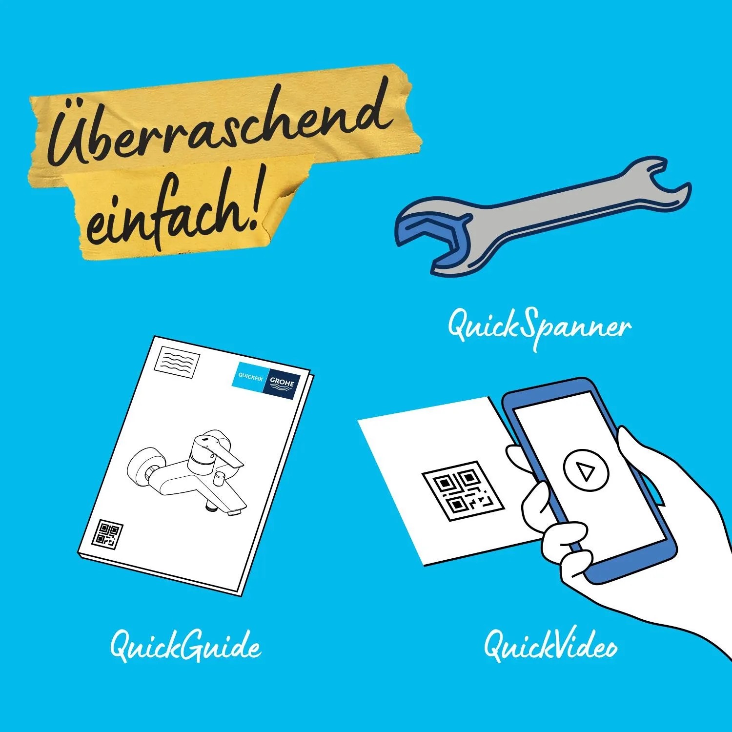 Grohe QuickFix: Instrukcja montażu, kod QR, klucz do baterii prysznicowej.
