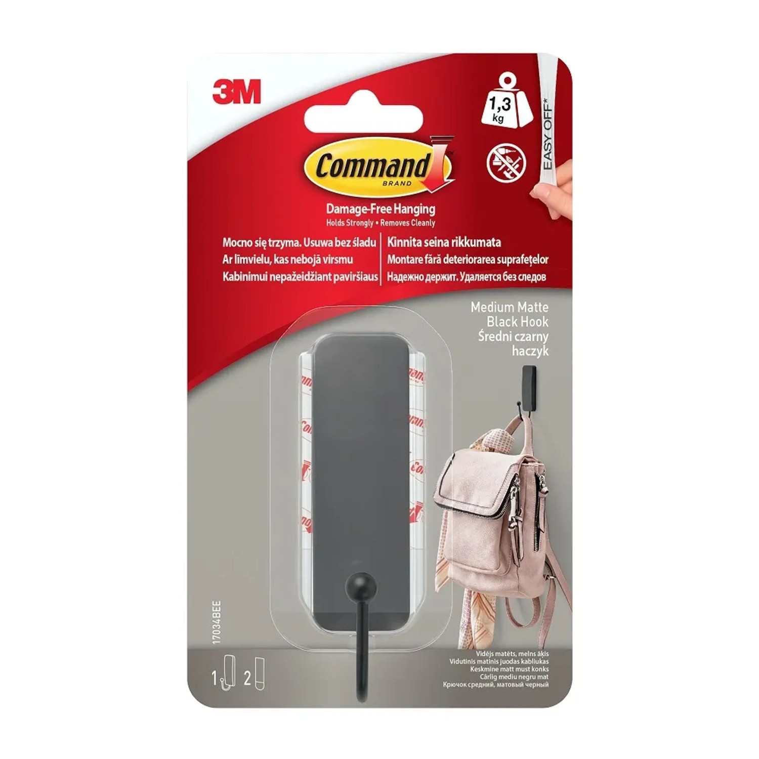 3M Command Średni haczyk, czarny, usuwalny, do 1,3 kg  1 szt.