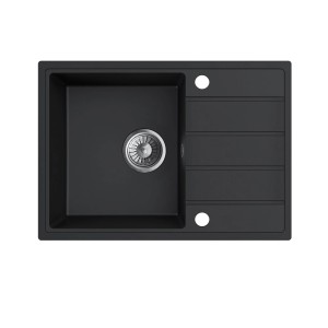 Czarny zlewozmywak granitowy t.b.t. z ociekaczem i komorą.