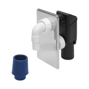 Syfon do pralki/zmywarki z niebieską uszczelką i chromowaną osłoną.