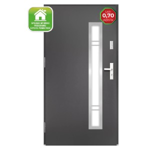 Szare drzwi zewnętrzne z wąskim, pionowym przeszkleniem i srebrną klamką.