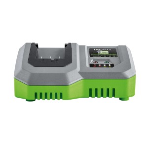 Ładowarka LUX 20 V do akumulatorów 1 Power System. Stacja ładująca w kolorze szarym i zielonym.