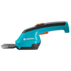 Akumulatorowe nożyce do trawy Gardena AccuCut, niebiesko-czarne, z ergonomicznym uchwytem do precyzyjnych krawędzi trawnika.