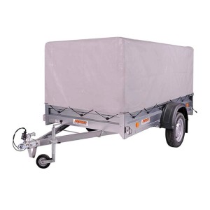 Przyczepa t.b.t. z plandeką, idealna do transportu w ogrodzie lub podczas przeprowadzki.