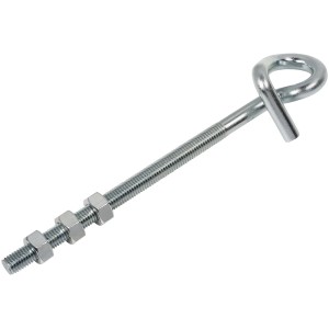 Metalowa śruba oczkowa z nakrętkami do montażu na ścianie.