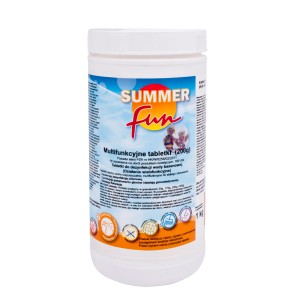 Białe opakowanie tabletek multifunkcyjnych Summer Fun (200g) do dezynfekcji basenu.