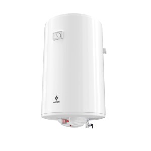 Biały bojler t.b.t. do podgrzewania wody z wyświetlaczem temperatury i włącznikiem.