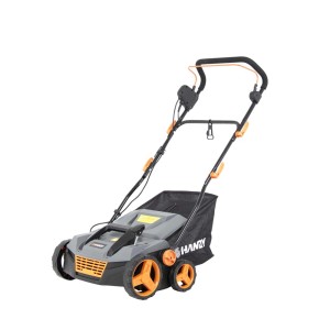 Elektryczny wertykulator z koszem, szary i pomarańczowy.