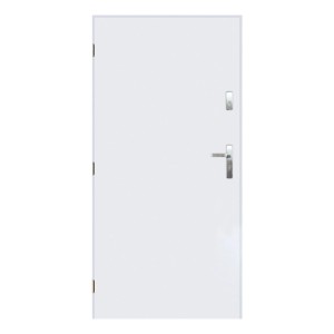Białe drzwi zewnętrzne ze srebrną klamką.