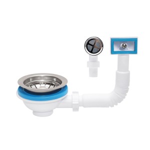 Syfon zlewozmywakowy ze stali nierdzewnej i białą rurą z tworzywa sztucznego.