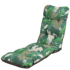 Zielona poduszka na leżak ogrodowy z tropikalnym wzorem liści.
