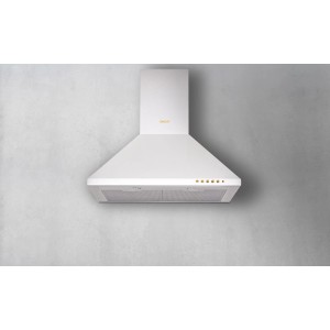 Biały okap ścienny t.b.t. ze złotymi akcentami na szarej ścianie.