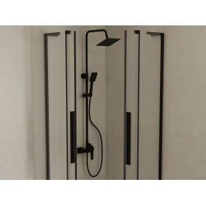 Czarna kabina prysznicowa t.b.t. z deszczownicą i słuchawką.