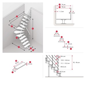 Rysunek techniczny schodów wewnętrznych t.b.t. z wymiarami.