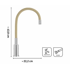 Bateria jednouchwytowa t.b.t. z beżową, elastyczną wylewką i chromowaną podstawą.