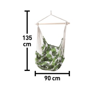 Fotel wiszący Lytton z nadrukiem dżungli, polibawełna, z poduszkami. Przytulny fotel wiszący do użytku wewnątrz i na zewnątrz.