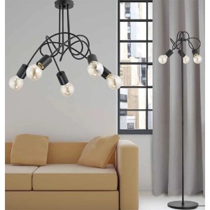 Czarny zestaw lamp sufitowych i podłogowych t.b.t. Nowoczesne lampy dekoracyjne do salonu.