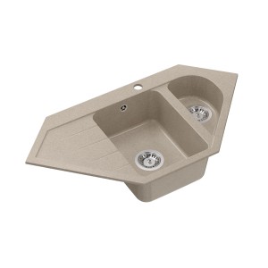 Beżowy narożny zlewozmywak granitowy z dwoma komorami i ociekaczem.