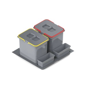 Szary system segregacji odpadów kuchennych z kolorowymi pokrywami i pojemnikami.