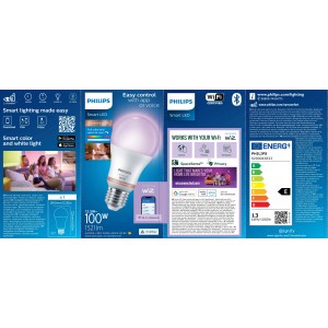 Opakowanie inteligentnej żarówki LED Philips E27 z funkcją zmiany kolorów i sterowaniem przez aplikację.