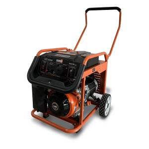 Pomarańczowy agregat prądotwórczy z kołami i uchwytem do użytku mobilnego.