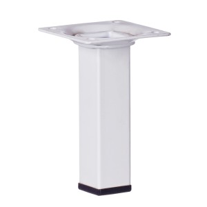 Biała, kwadratowa noga do stołu Hettich, 25x25x100 mm, z płytką montażową.