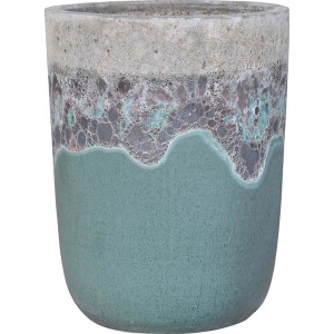 Zielona ceramiczna doniczka, Ø 38 cm, wysokość 48 cm, do użytku zewnętrznego.