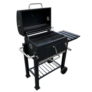 Czarny grill węglowy z półką i otwartą pokrywą.