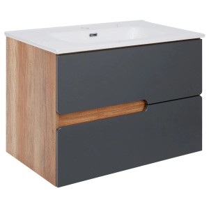 Szafka pod umywalkę t.b.t. z szarymi szufladami i drewnianym dekorem.