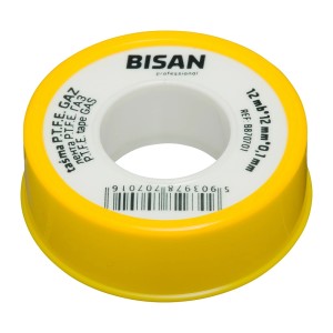 Żółta taśma uszczelniająca PTFE do gazu, marki Bisan.