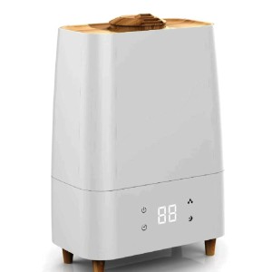 Biały nawilżacz powietrza z drewnianymi akcentami dla komfortowego klimatu w pomieszczeniu.