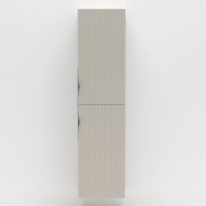 Wysoka, beżowa szafka wisząca jako część zestawu mebli łazienkowych.