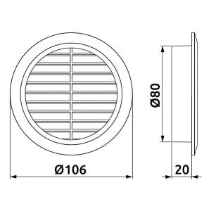 Rysunek techniczny: Wymiary okrągłej kratki wentylacyjnej (Ø106mm, Ø80mm, 20mm)