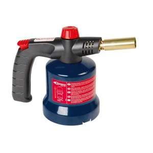 Niebiesko-czarny palnik gazowy/lutownica z czerwonym regulatorem i mosiężną dyszą.