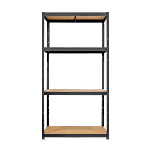 Czarny regał t.b.t. z czterema drewnianymi półkami do przechowywania.