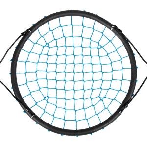 Okrągła huśtawka typu gniazdo z niebieską siatką i czarną ramą.