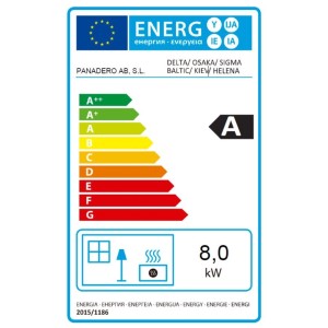 Etykieta energetyczna pieca: Klasa A, moc grzewcza 8,0 kW.
