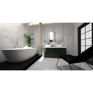Nowoczesna łazienka z szarymi płytkami podłogowymi t.b.t, wolnostojącą wanną i zieloną szafką pod umywalkę.