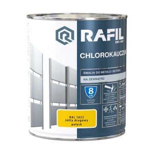 Puszka farby Rafil Chlorokautschuk, żółta (RAL 1023), do metalu i betonu, do użytku zewnętrznego.