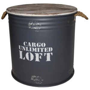 Dekoracyjna szara beczka ogrodowa z drewnianą pokrywą i uchwytami z liny.