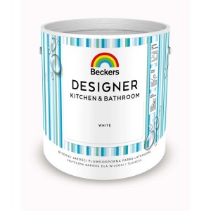 Białe wiadro z farbą Beckers Designer do kuchni i łazienek z niebiesko-białymi paskami.