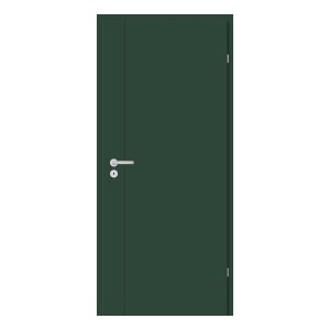 Zielone drzwi wewnętrzne z srebrną klamką.