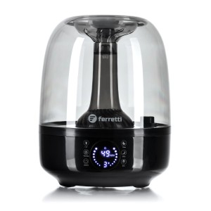 Czarny nawilżacz powietrza z przezroczystym zbiornikiem. Zapewnia przyjemny klimat w pomieszczeniu.