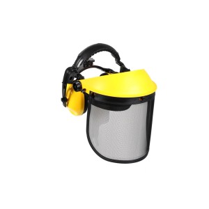 Żółta osłona twarzy z ochroną słuchu do pracy z pilarką.